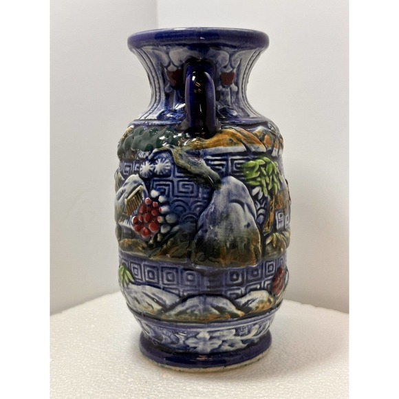 Moriage VASE Made In Japan Cobalt Blue Asian Oriental 6.5" Tall 2 Handle - Picture 4 of 6